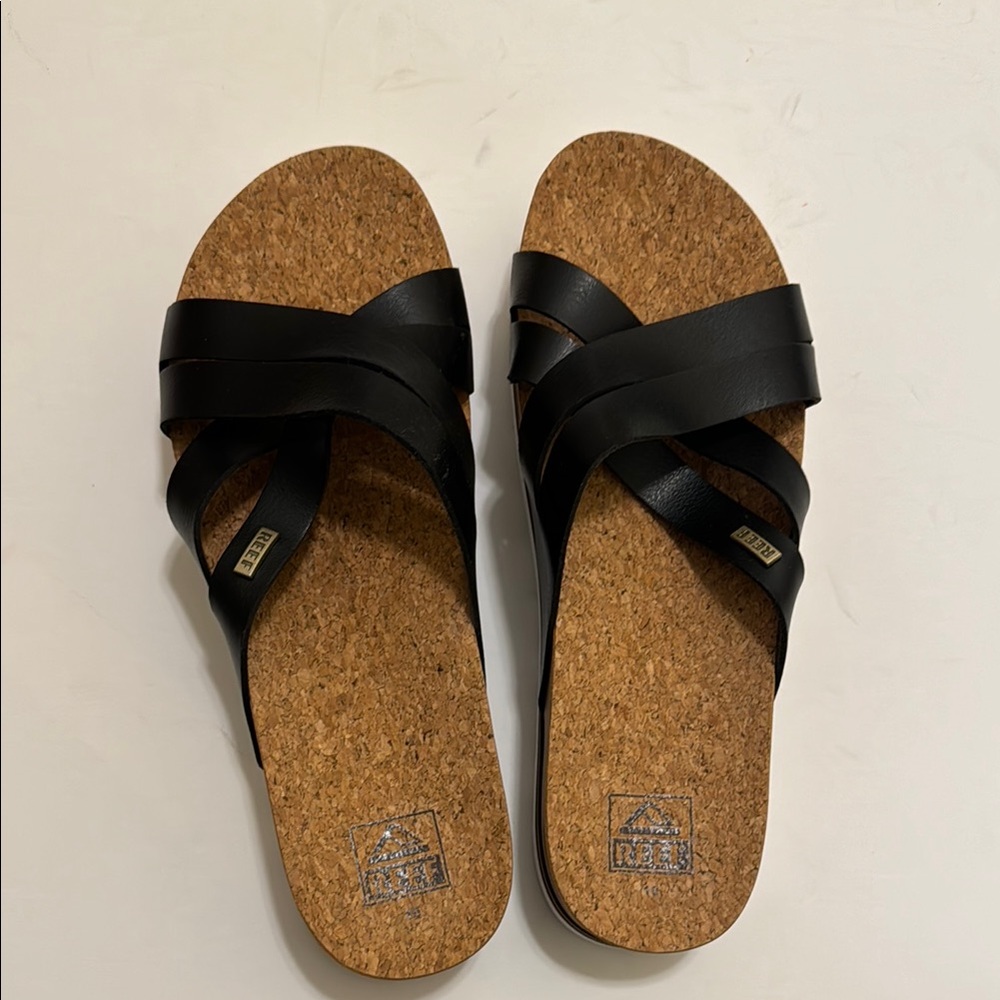 Reef Black Sandals with Cork Footbed